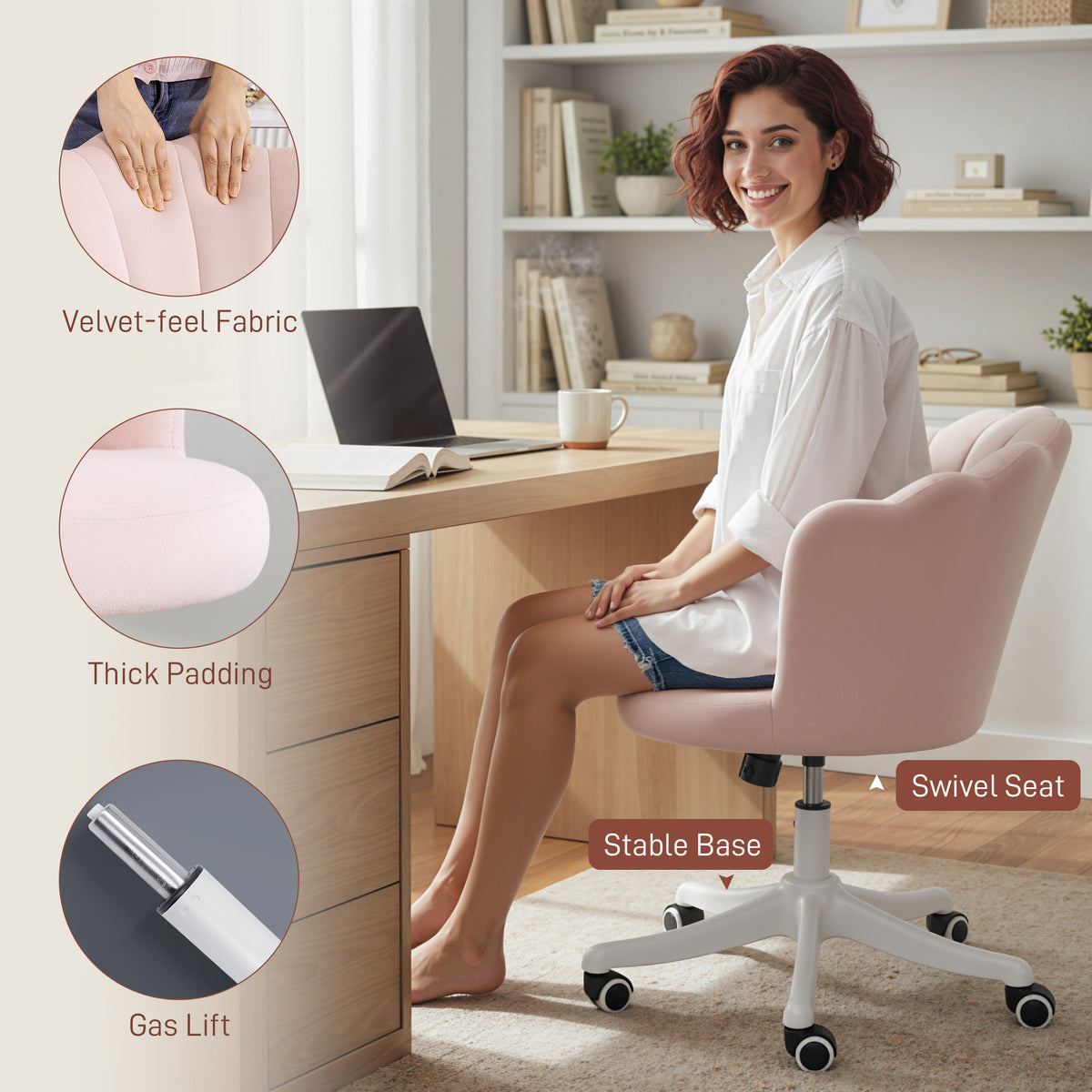 Office Chair, Armless Swivel Desk Chair with Adjustable Height, Backrest, Pink