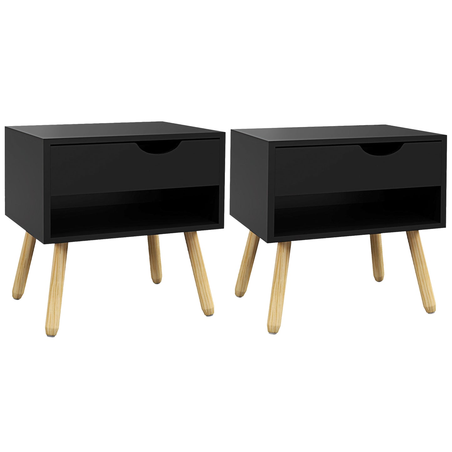 Set of 2 Modern Black Nightstands with Drawer, Shelf, Wooden Legs for Bedroom