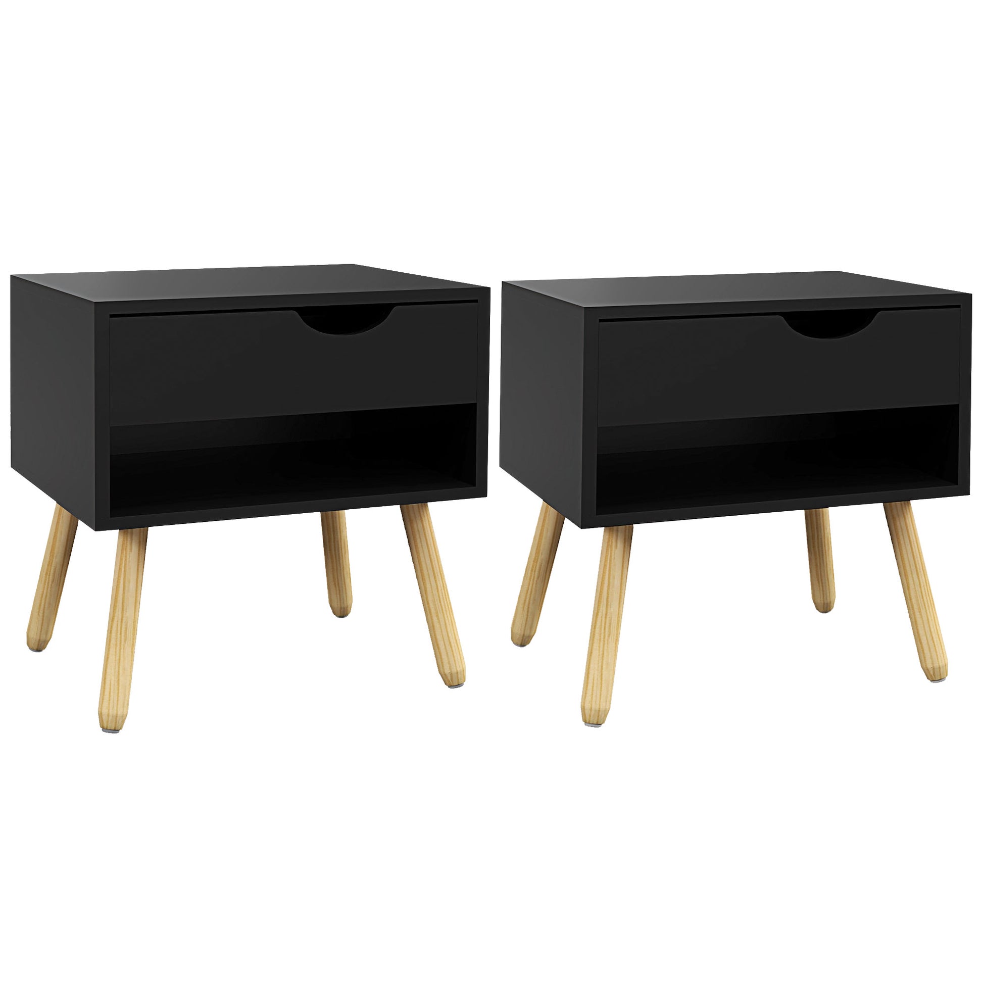 Set of 2 Modern Black Nightstands with Drawer, Shelf, Wooden Legs for Bedroom