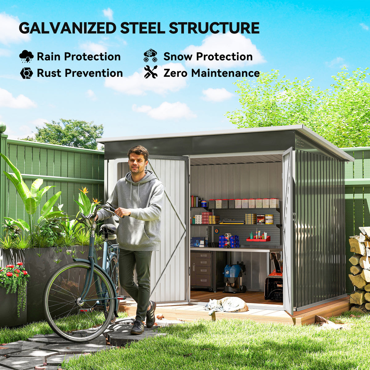 8.5' x 6' Galvanised Steel Outdoor Storage Shed, Garden Shed with Window, Lockable Wide Doors and Air Vents – Grey