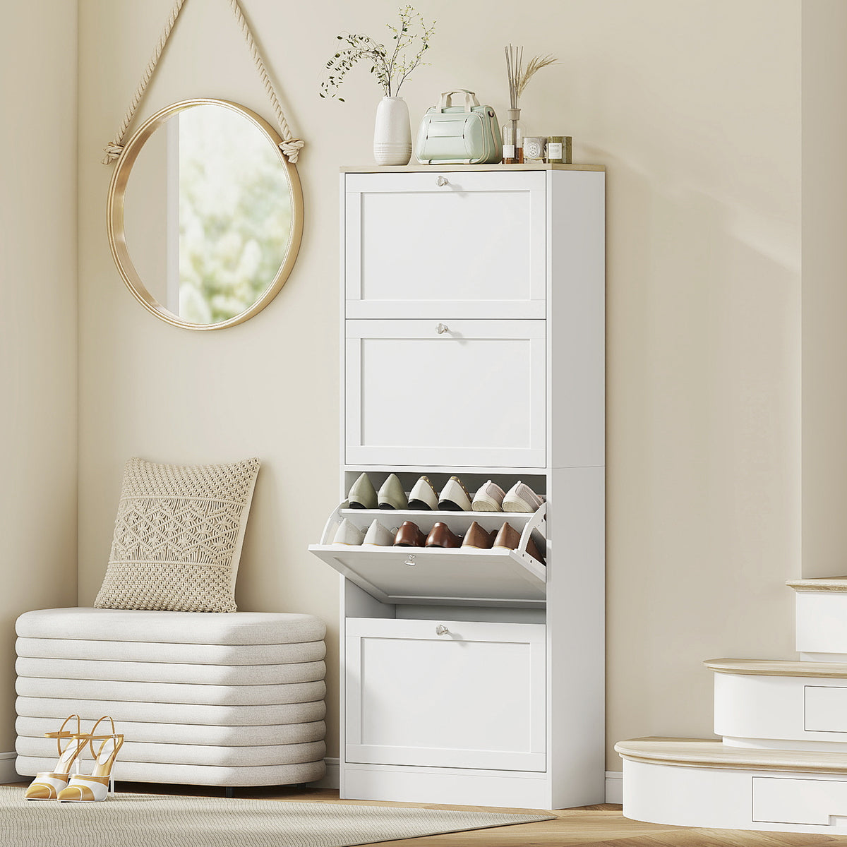 Modern Shoe Storage Cabinet with 4 Flip Drawers – 24"W x 60"H
