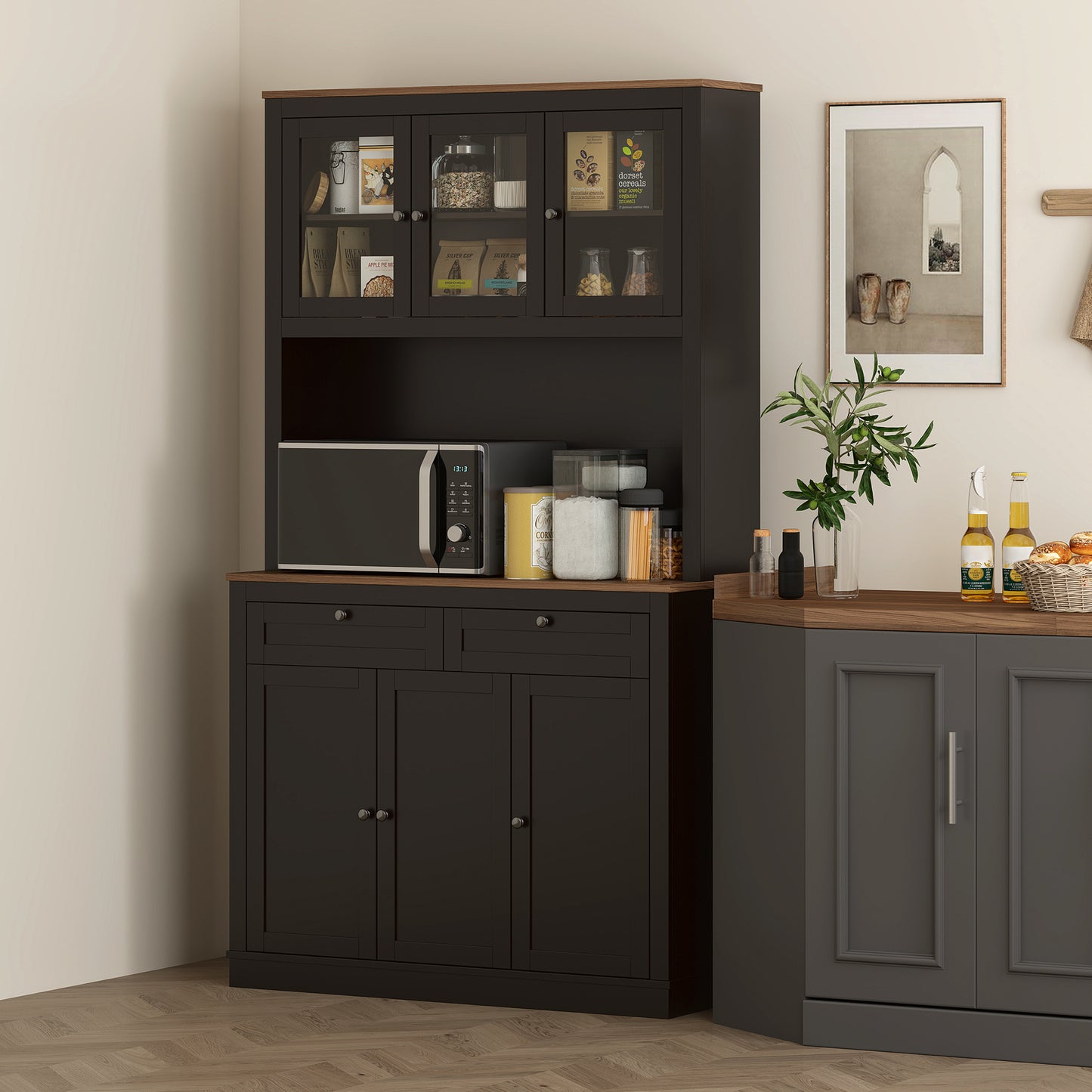 HOMCOM 71" Pantry Cabinet with Microwave Space, Black