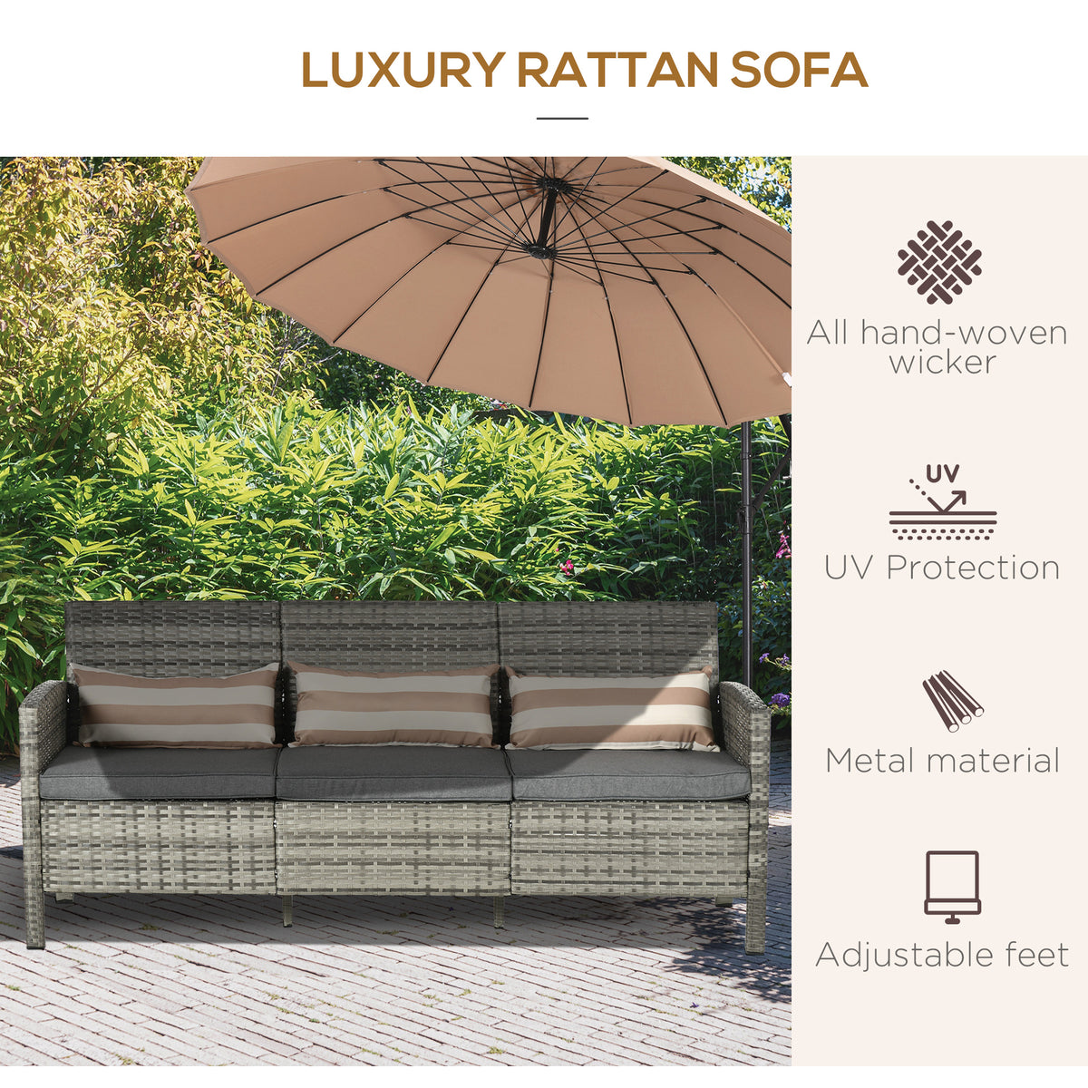 3-Seater Wicker Sofa, PE Rattan Outdoor Couch Conversation Furniture with Removable Cushions for Patio, Garden
