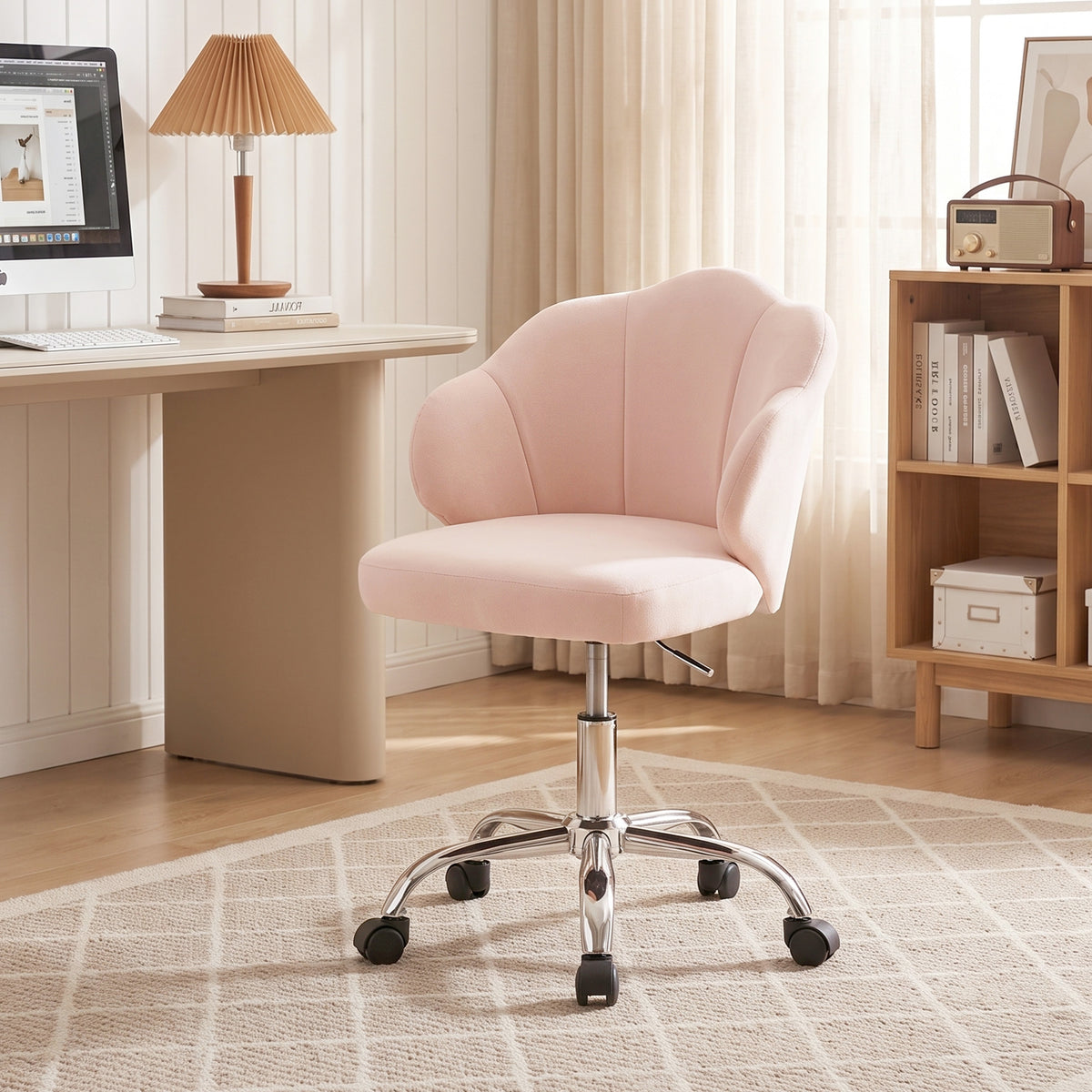 Task Desk Chair, Petal Office Chair with Swivel Wheels with Wide Seat, Velvet, Pink