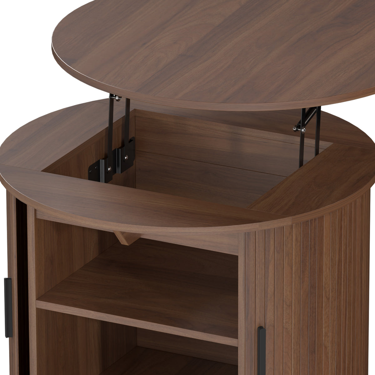 Round Fluted Lift-Top Coffee Table with Tambour Door Storage, Walnut