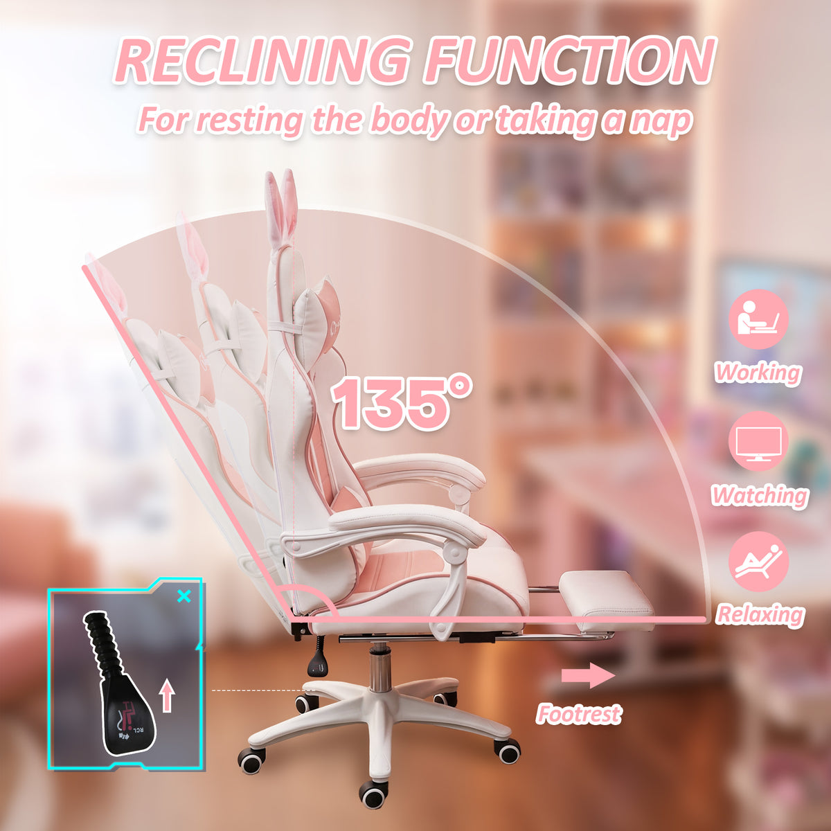 Cute Racing Gamer Chair, PU Leather Gaming Chair with Footrest, Pink