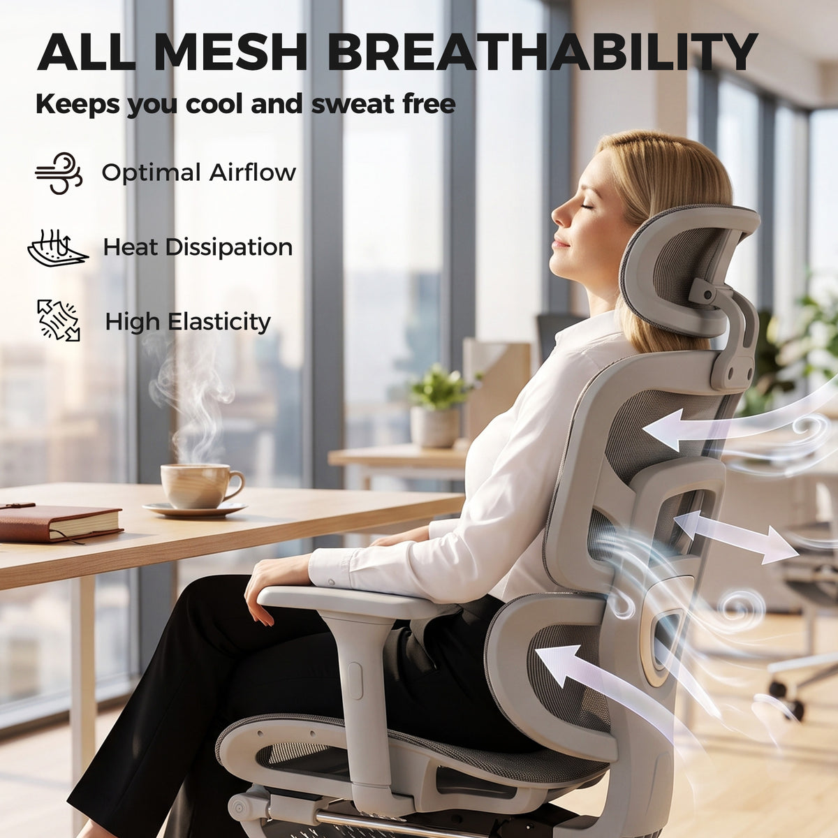 Ergonomic Office Chair with Lumbar Support, 2D Headrest, Mesh Reclining Desk Chair with Footrest, Grey