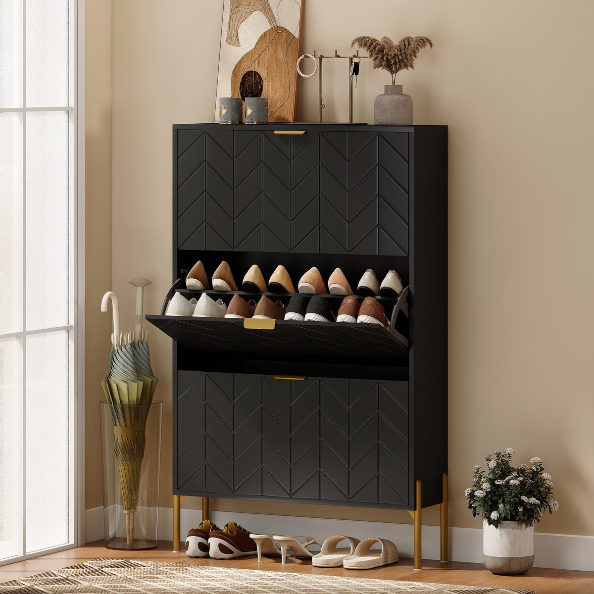 Shoe Cabinet with 3 Flip Drawers – 31"W x 50"H