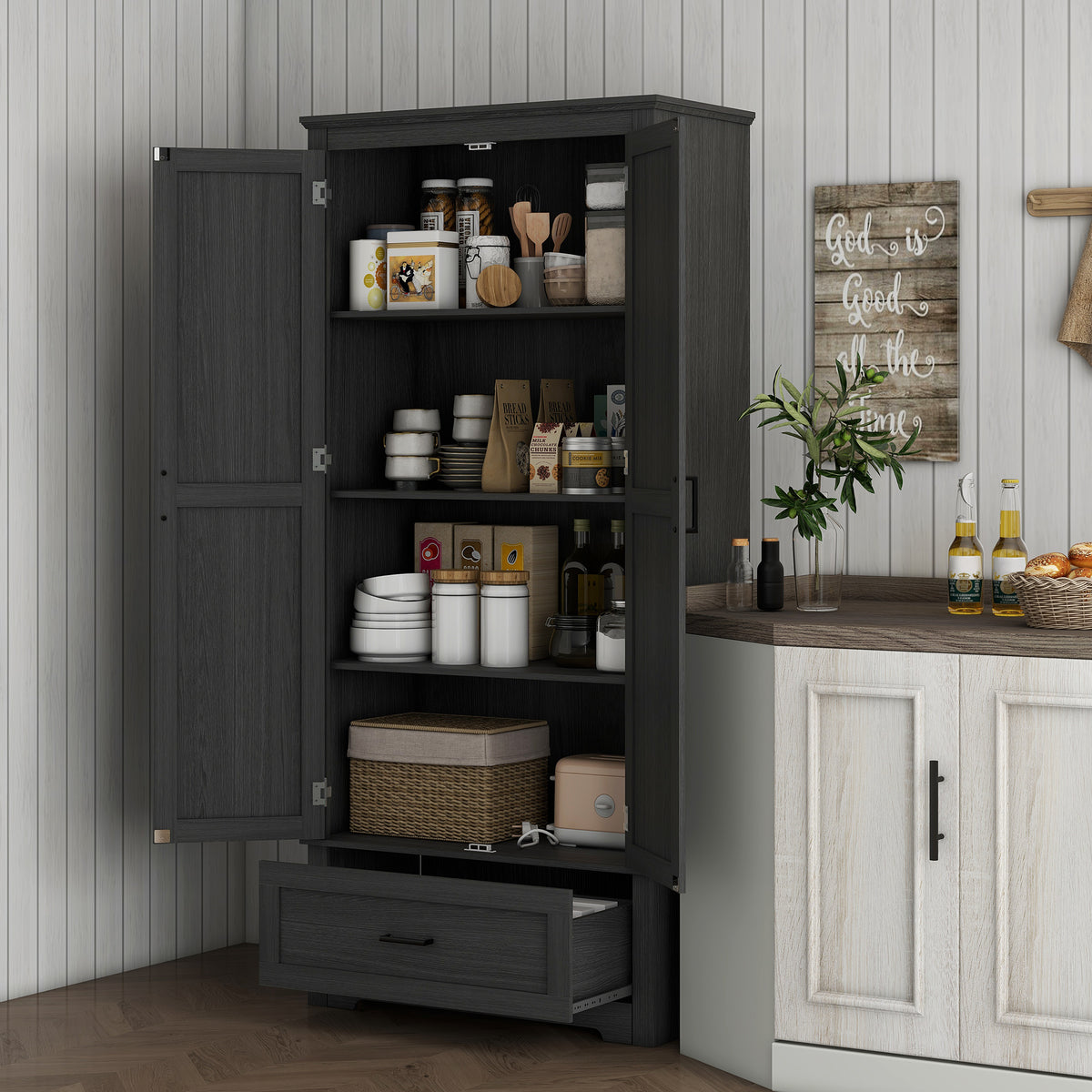 Tall Farmhouse Kitchen Pantry Cabinet with 2 Doors – 32"W x 69"H