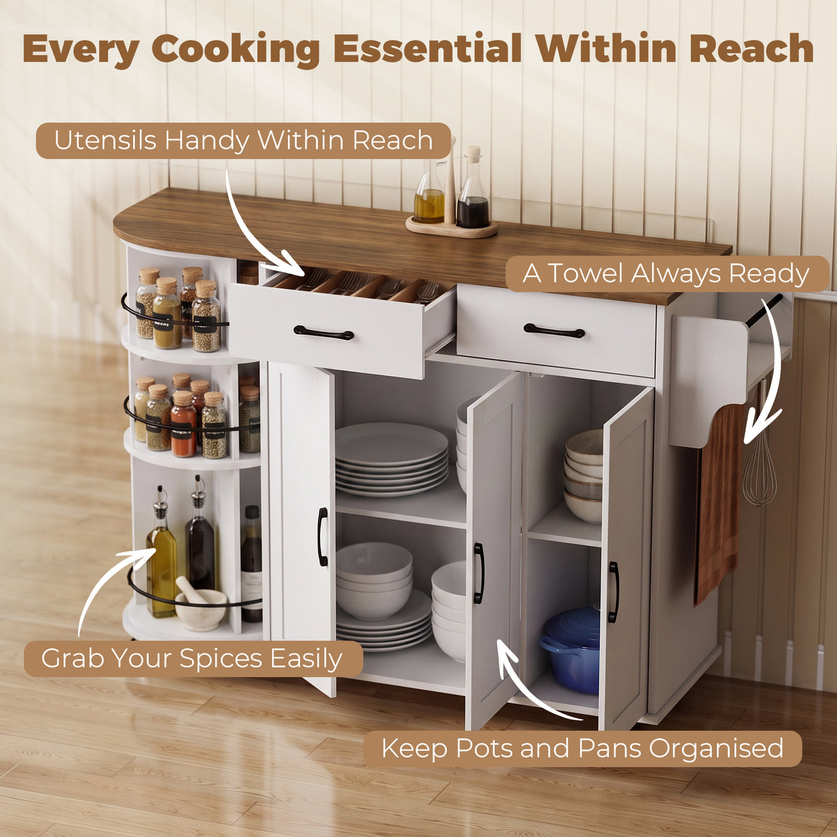 Kitchen Island with Power Outlet and Drop Leaf – 53"W x 35"H