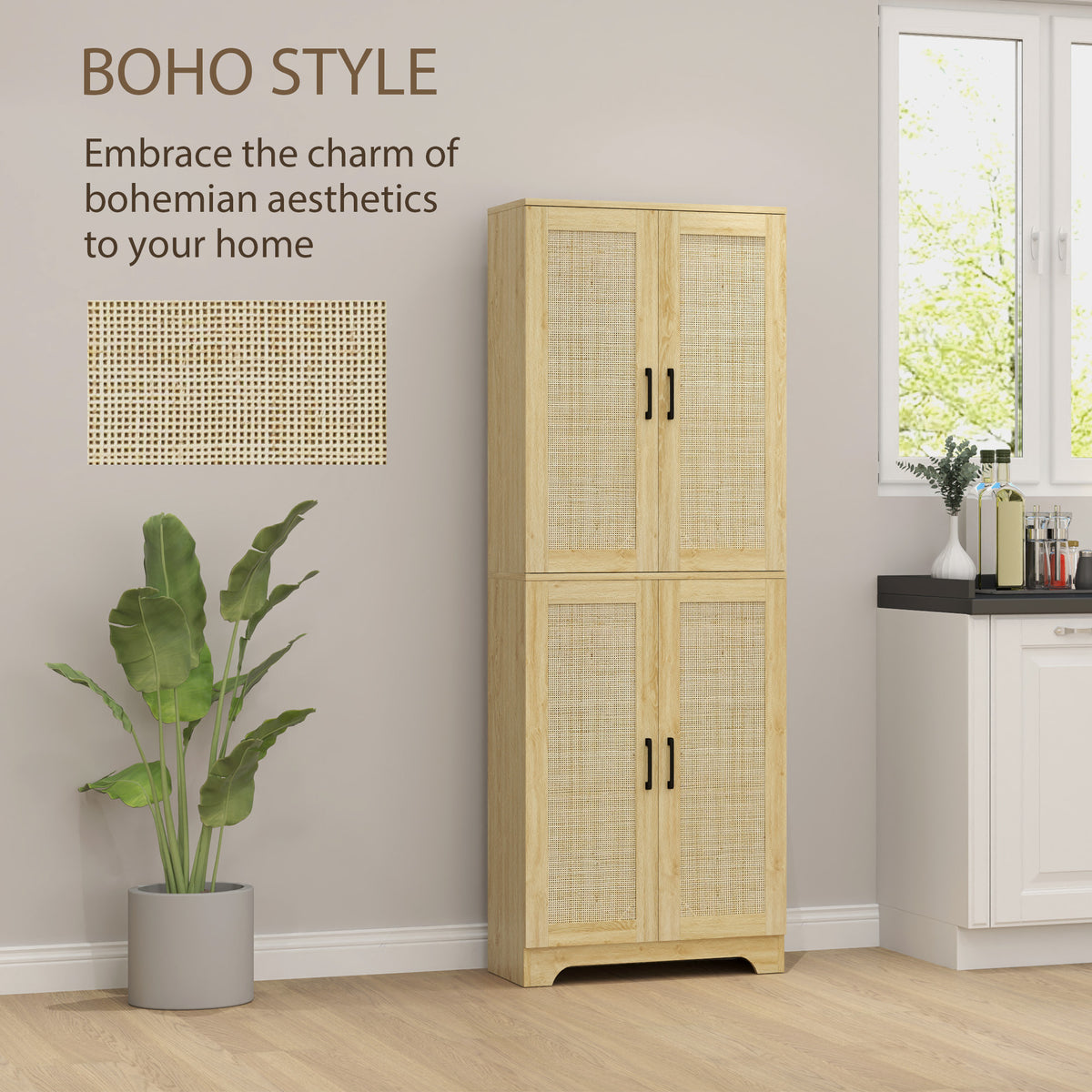 Tall Kitchen Pantry with 4 Rattan Doors and Adjustable Shelves – 24"W x 67"H