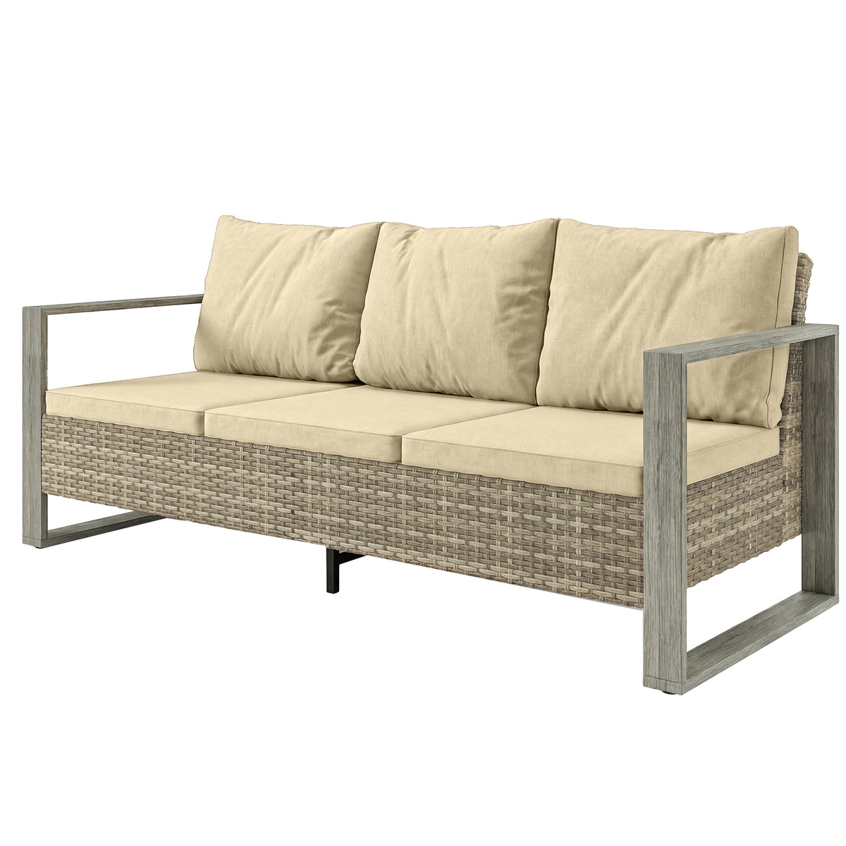 3-Seater Outdoor Couch, PE Wicker Patio Sofa with Deep Seat, Wood-Effect Aluminum Armrests, Cushions
