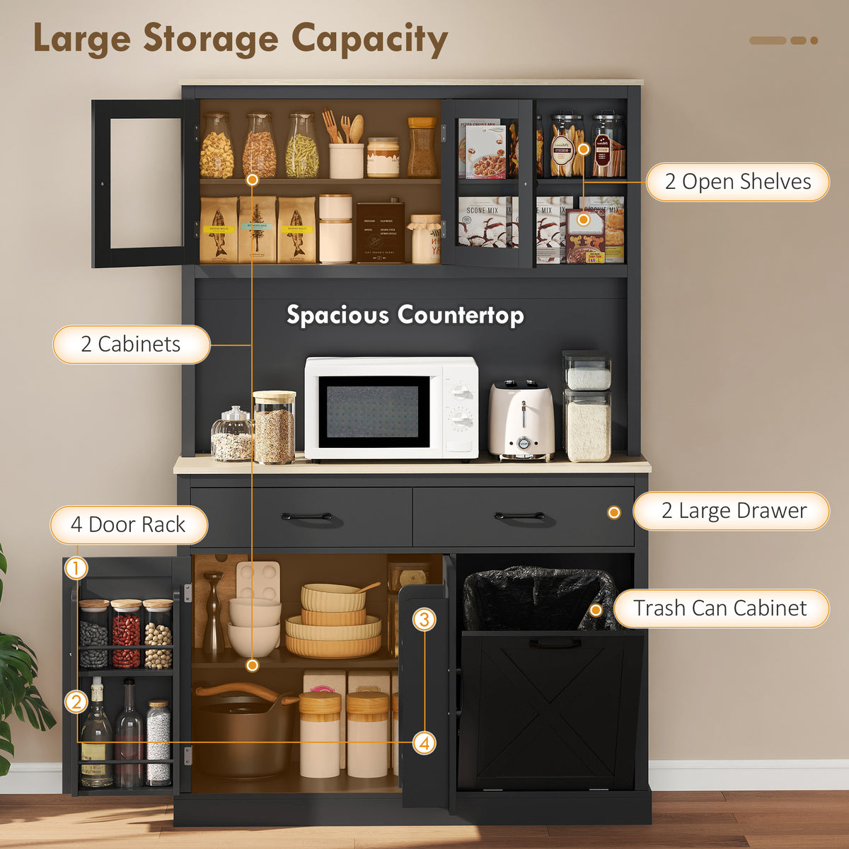 Kitchen Pantry with Charging Station, Microwave Stand and Trash Can Cabinet – 44"W x 69"H