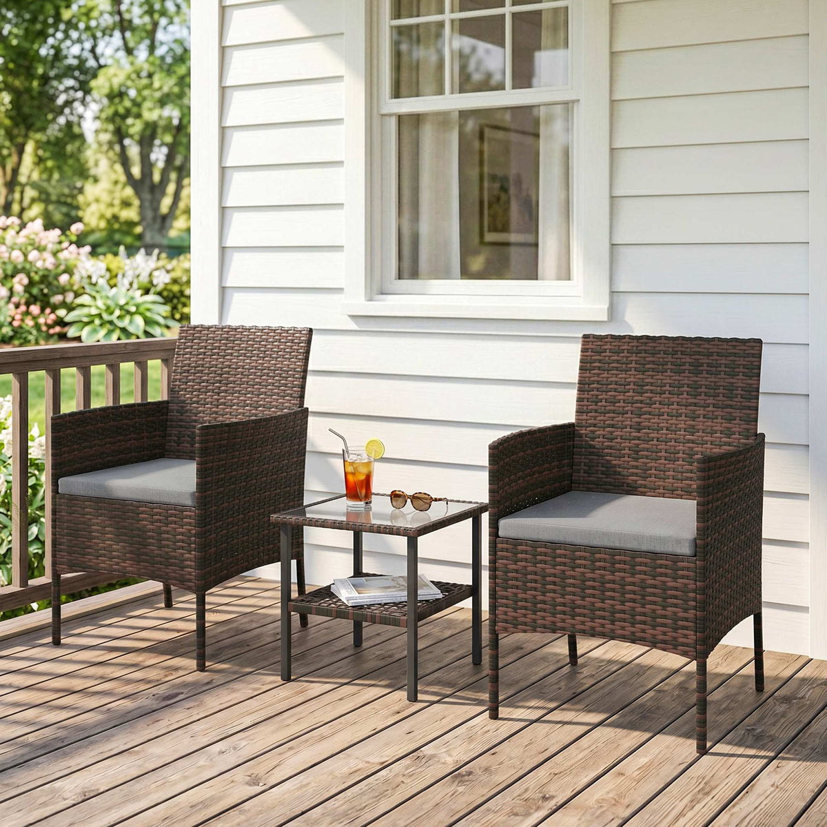 Wicker Bistro Set, 3 Piece Patio Furniture Set with 2-Tier Glass Top Table, Cushions for Balcony, Porch