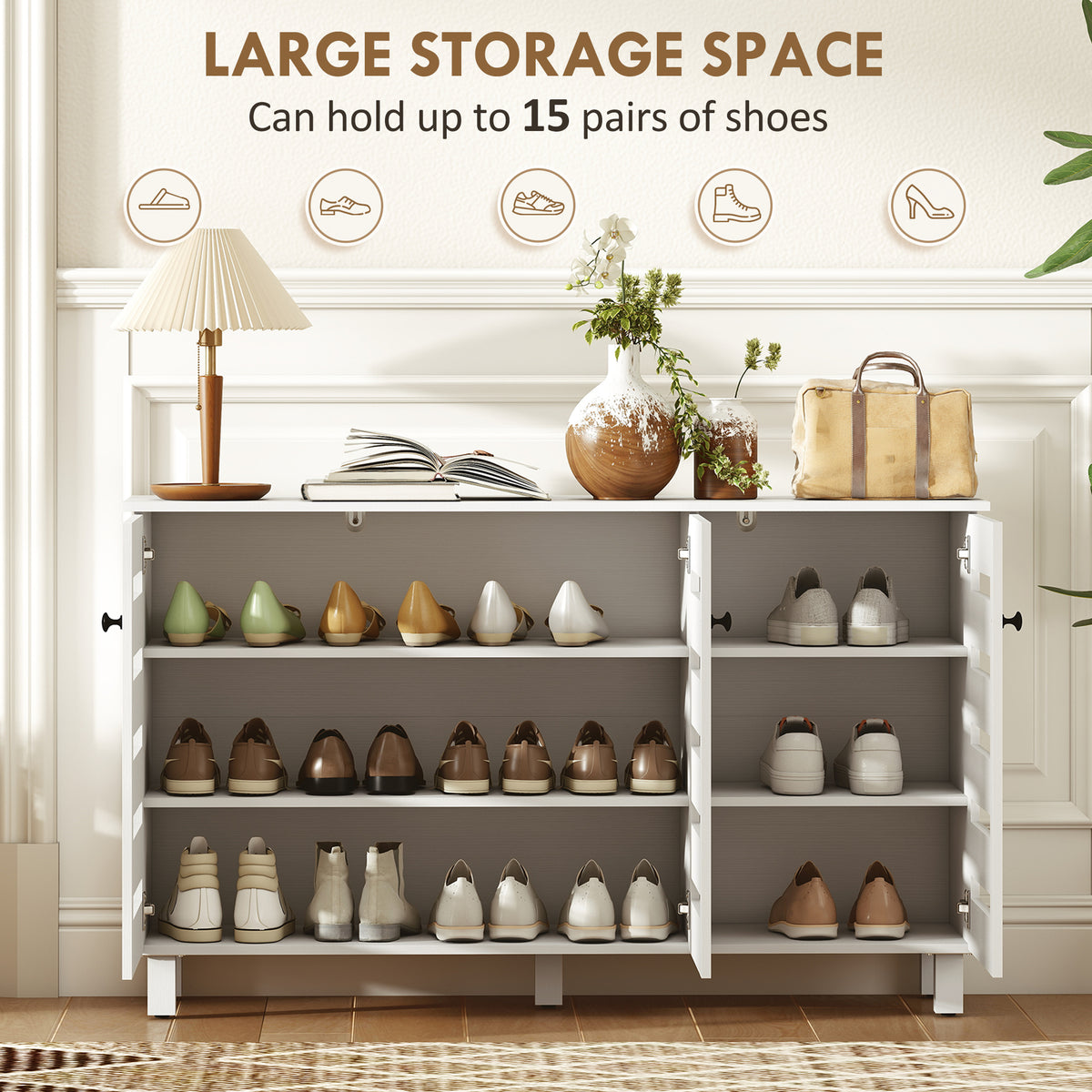 Shoe Cabinet with 3 Slatted Doors – 44"W x 26"H