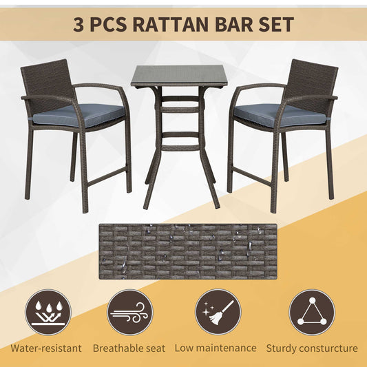 3 Pieces Patio Bar Set Wicker Garden Bistro Set Outdoor Furniture PE Rattan Table and Stools with Seat Cushion