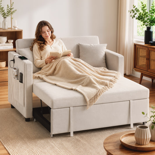 52" Velvet Pull-Out Loveseat Sofa Bed with USB Ports