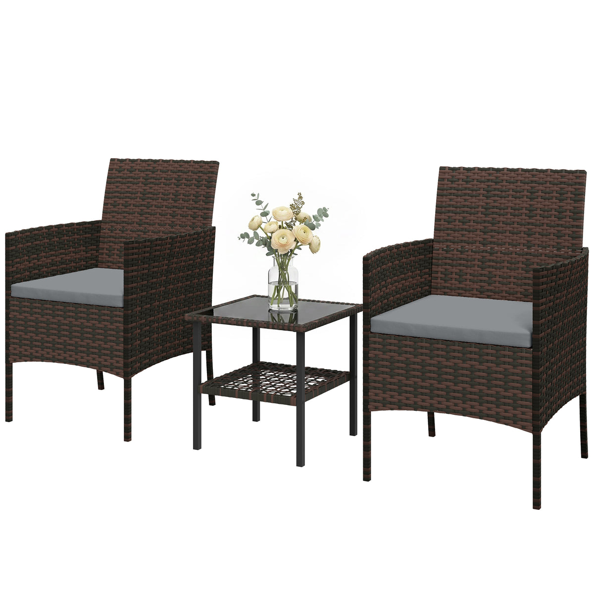 Wicker Bistro Set, 3 Piece Patio Furniture Set with 2-Tier Glass Top Table, Cushions for Balcony, Porch