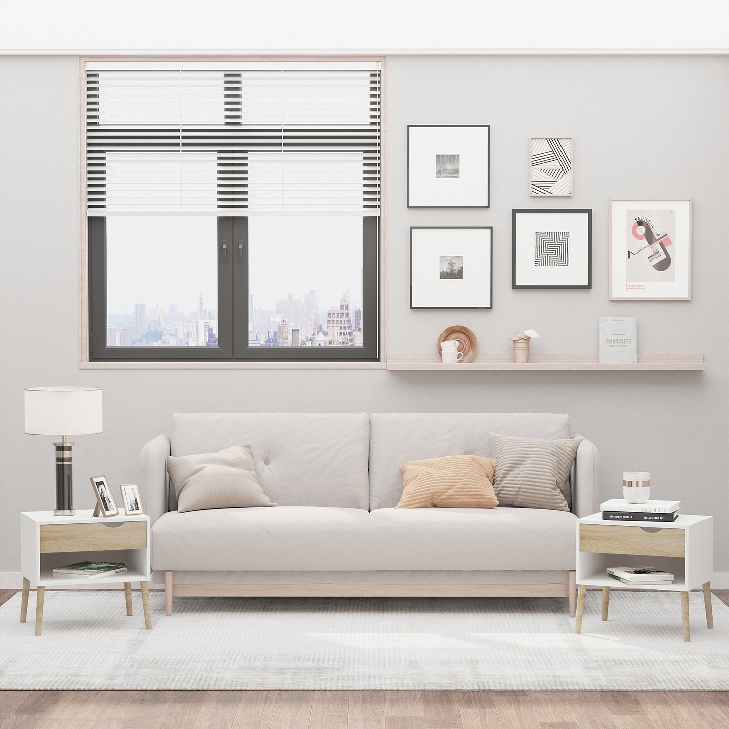 Modern Bedside Tables Set of 2 with Drawer, Shelf, Wood Legs