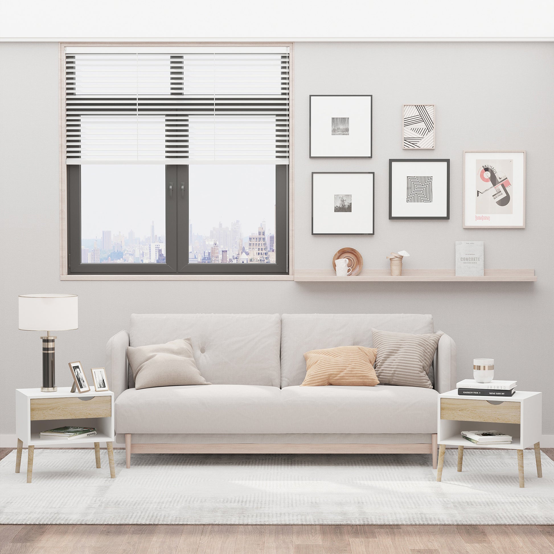 Modern Bedside Tables Set of 2 with Drawer, Shelf, Wood Legs