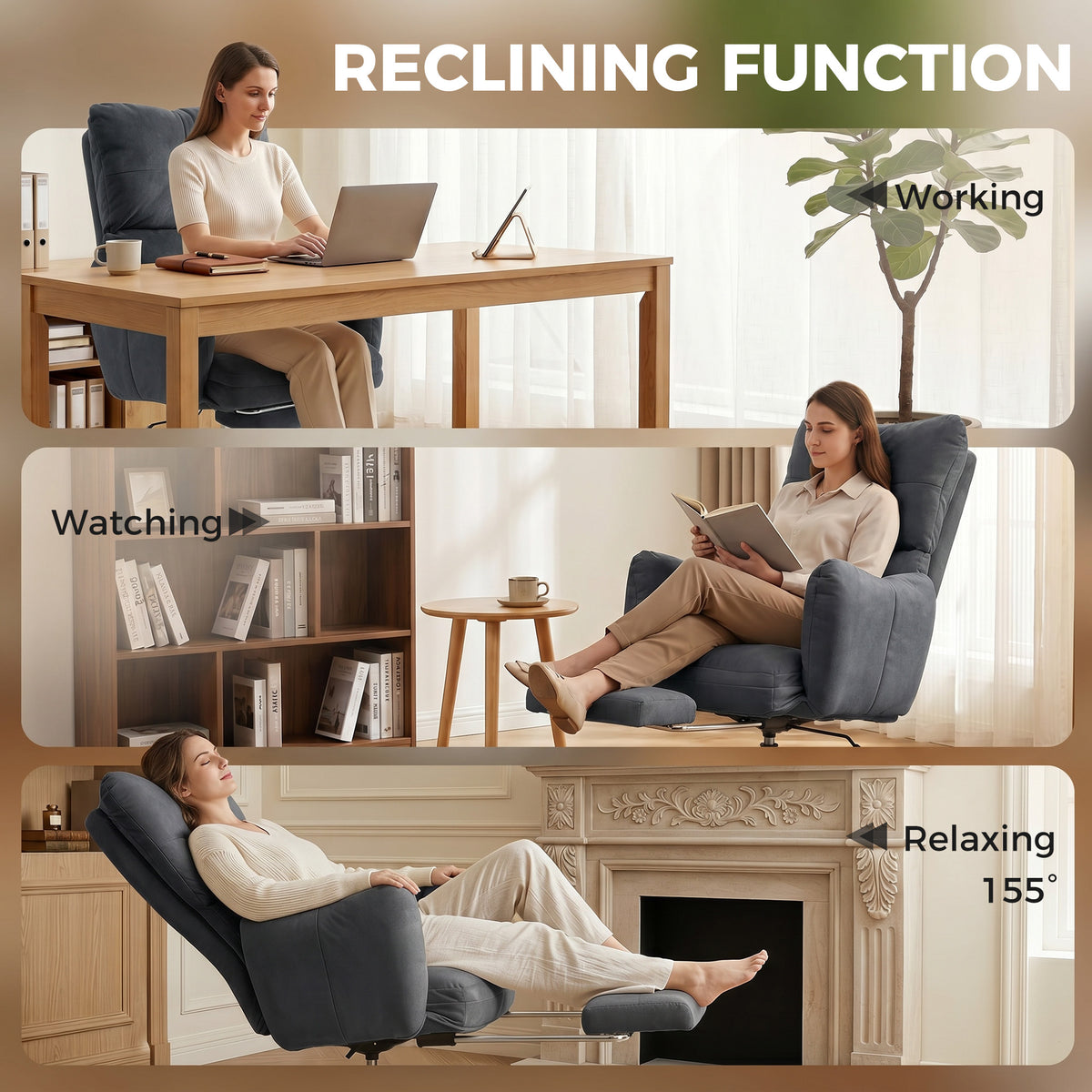 Office Chair with Footrest, Ergonomic Reclining Computer Gaming Chair with Snow Flannel Fabric, Dark Grey