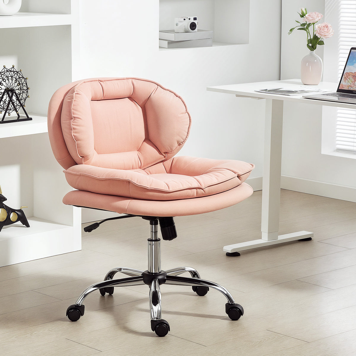 Criss Cross Chair, Swivel Wide Office Chair with Leathaire Upholstery, Tilting, No Arm, Pink