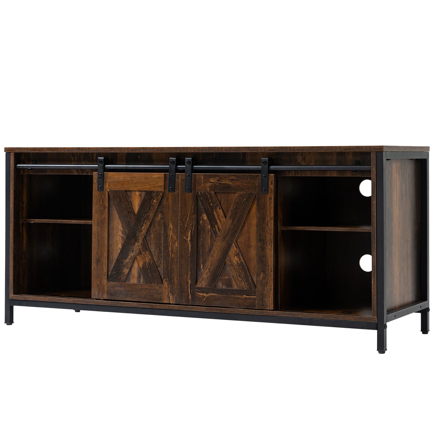 HOMCOM Industrial TV Stand for 60-inch TVs, Sliding Barn Doors & Storage, Brown