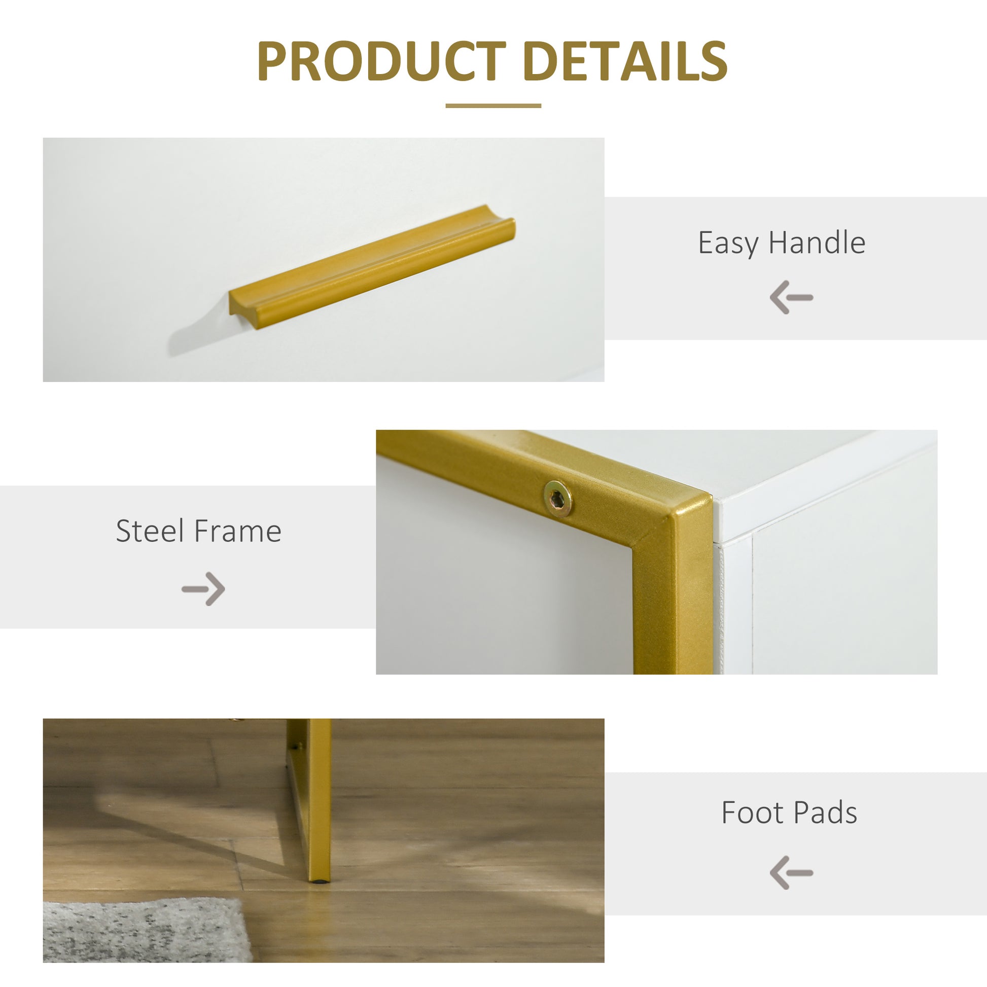 HOMCOM Modern White Gold Nightstand Set with Drawer & Storage Shelf