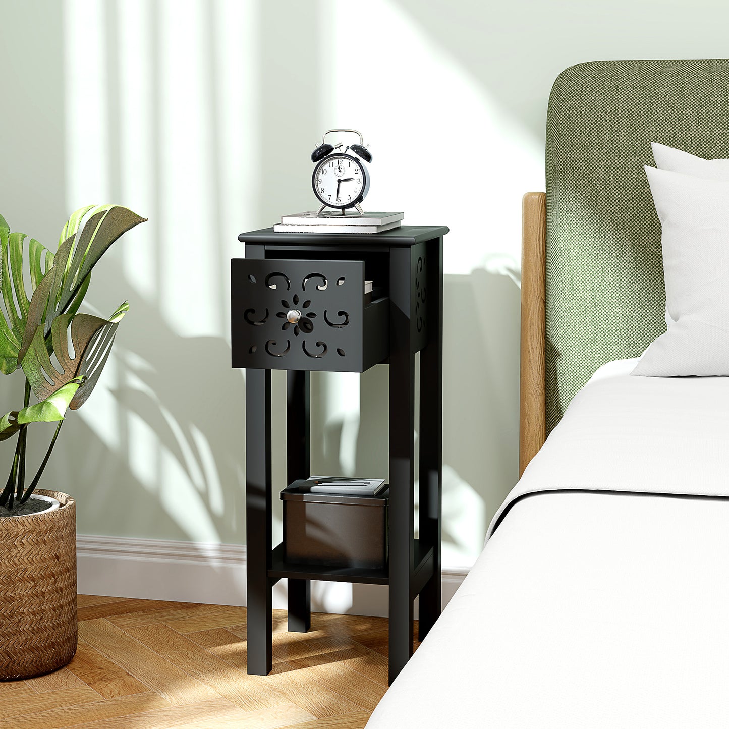 HOMCOM Modern Black Nightstand Set of 2 with Drawer & Open Shelf