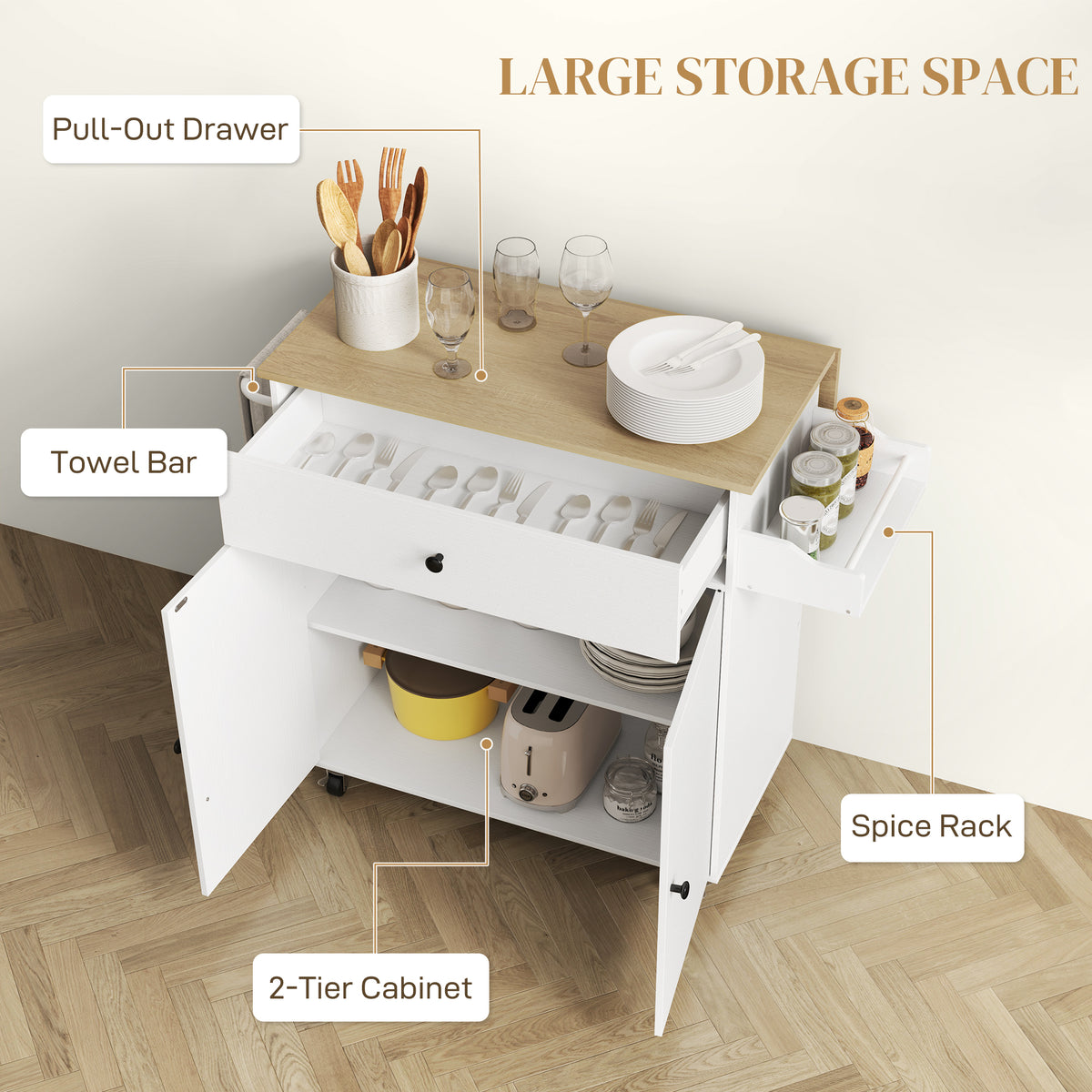 Rolling Kitchen Island with Drop Leaf – 42"W x 34"H