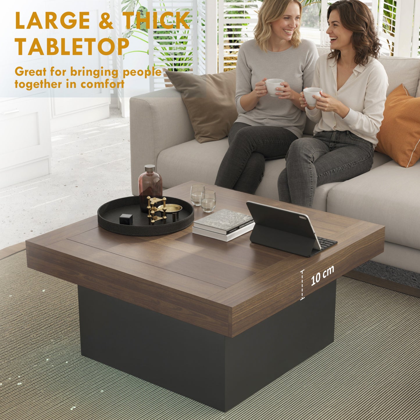 HOMCOM Square Coffee Table with 16-Colour LED Lights, Walnut, 35-Inch