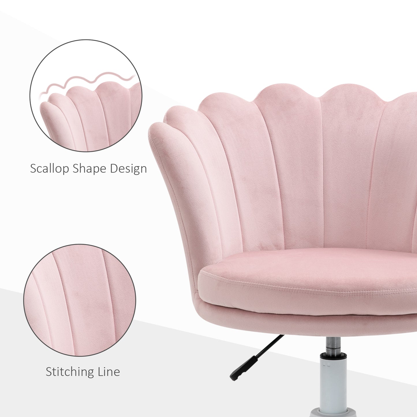 HOMCOM Pink Velvet Scallop Mid-Back Office Chair Adjustable Swivel Desk Computer Chair