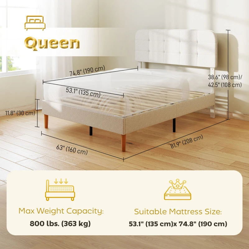 Queen Bed Frame with Adjustable Headboard and Wood Slats