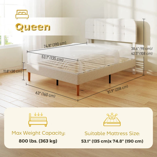 Queen Bed Frame with Adjustable Headboard and Wood Slats