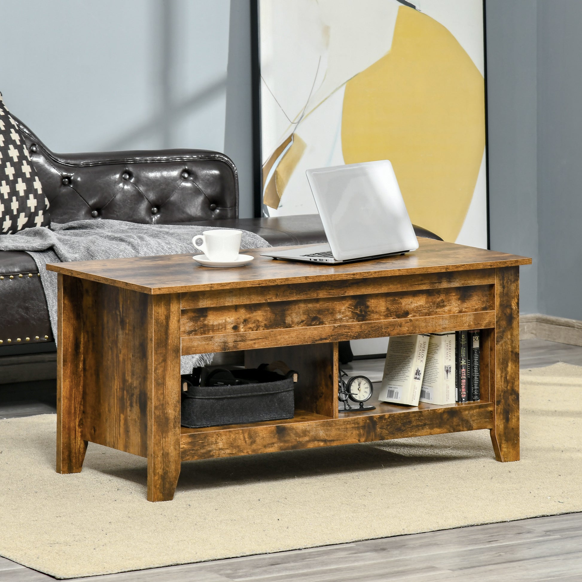 Modern Lift-Top Coffee Table with Hidden Storage & Open Shelves, Rustic Brown
