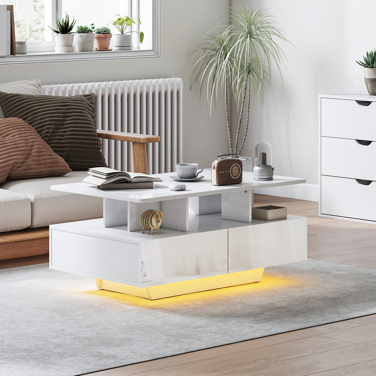 RGB LED Coffee Table with 4 Drawers and Open Shelf, High Gloss White