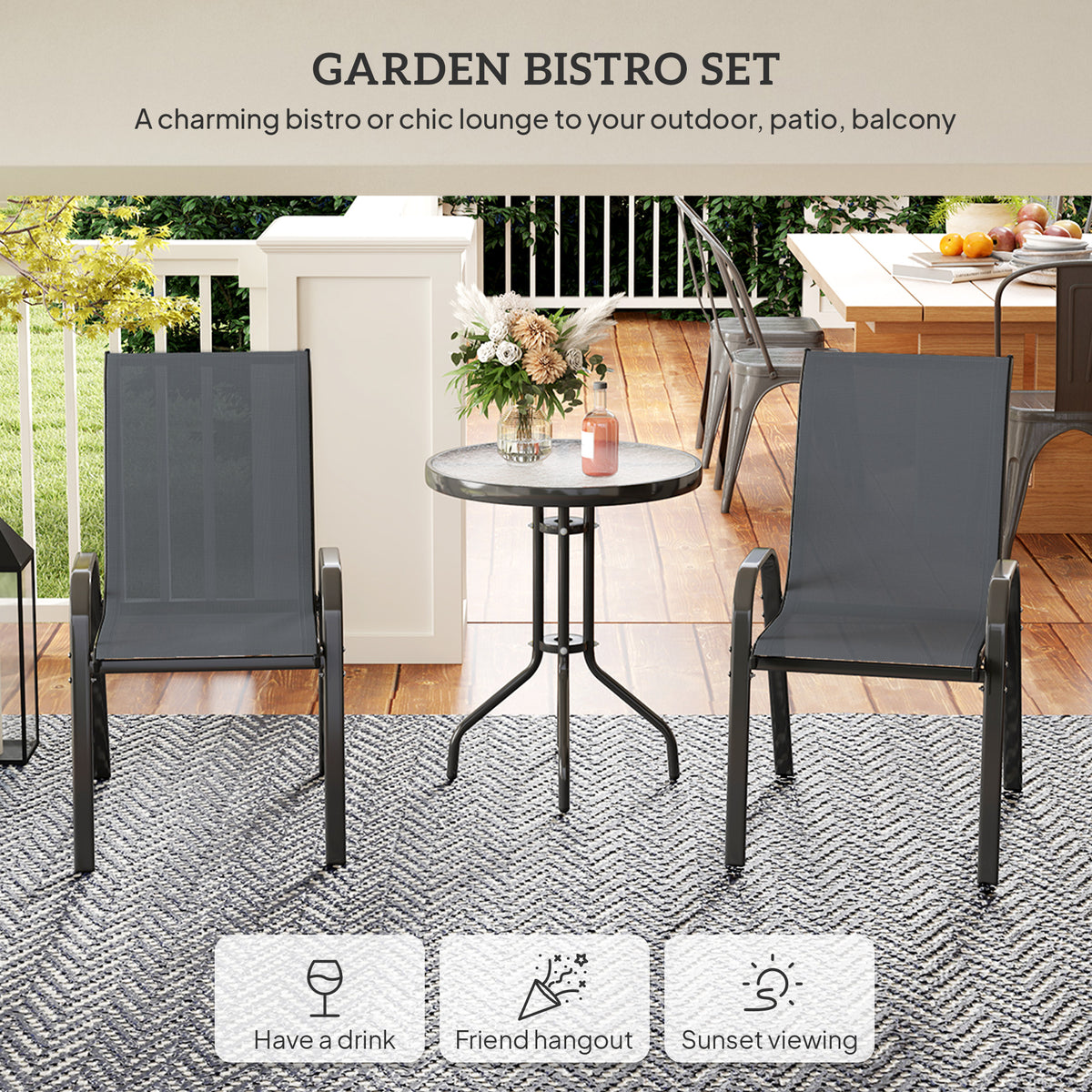 3 Pieces Bistro Set, Small Patio Furniture Set with Stackable Mesh Chairs, Glass Table for Garden, Balcony – Dark Grey