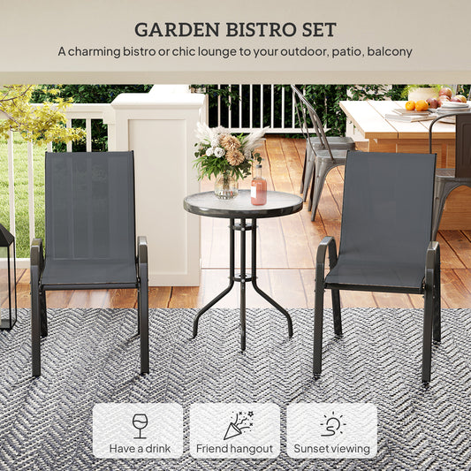 3 Pieces Bistro Set, Small Patio Furniture Set with Stackable Mesh Chairs, Glass Table for Garden, Balcony – Dark Grey