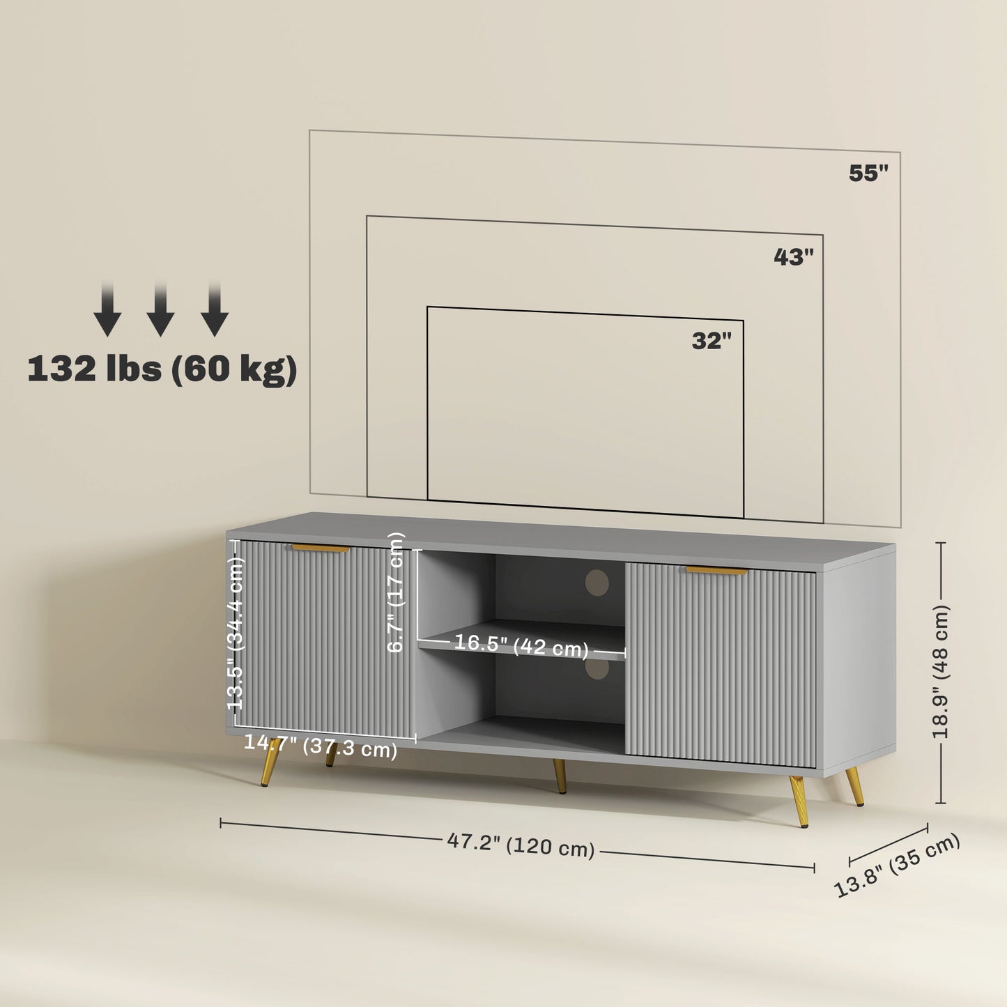 HOMCOM Modern Grey TV Stand for 55-inch TVs with Storage, Shelves, Cabinets