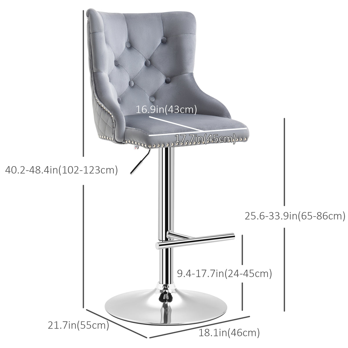Button-Tufted Velvet Wingback Swivel Bar Stools with Nailhead Trim, Set of 2, Grey