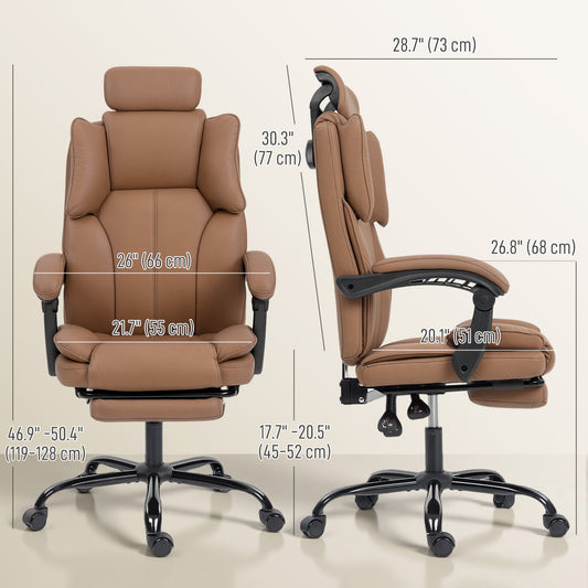 HOMCOM Executive Reclining Office Chair, Pet-Friendly Fabric, Footrest, Swivel Wheels, Brown