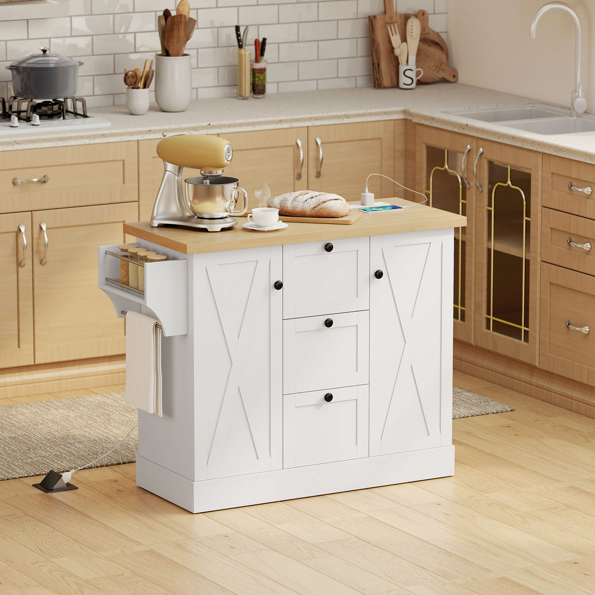 Farmhouse Kitchen Island Cart with Power Outlet and Soft-Close Doors – 49"W x 35"H