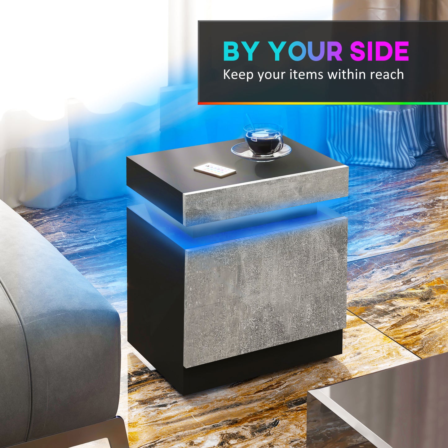 Modern High Gloss Nightstand Bedside Table with LED Lights, 2 Drawers, Grey