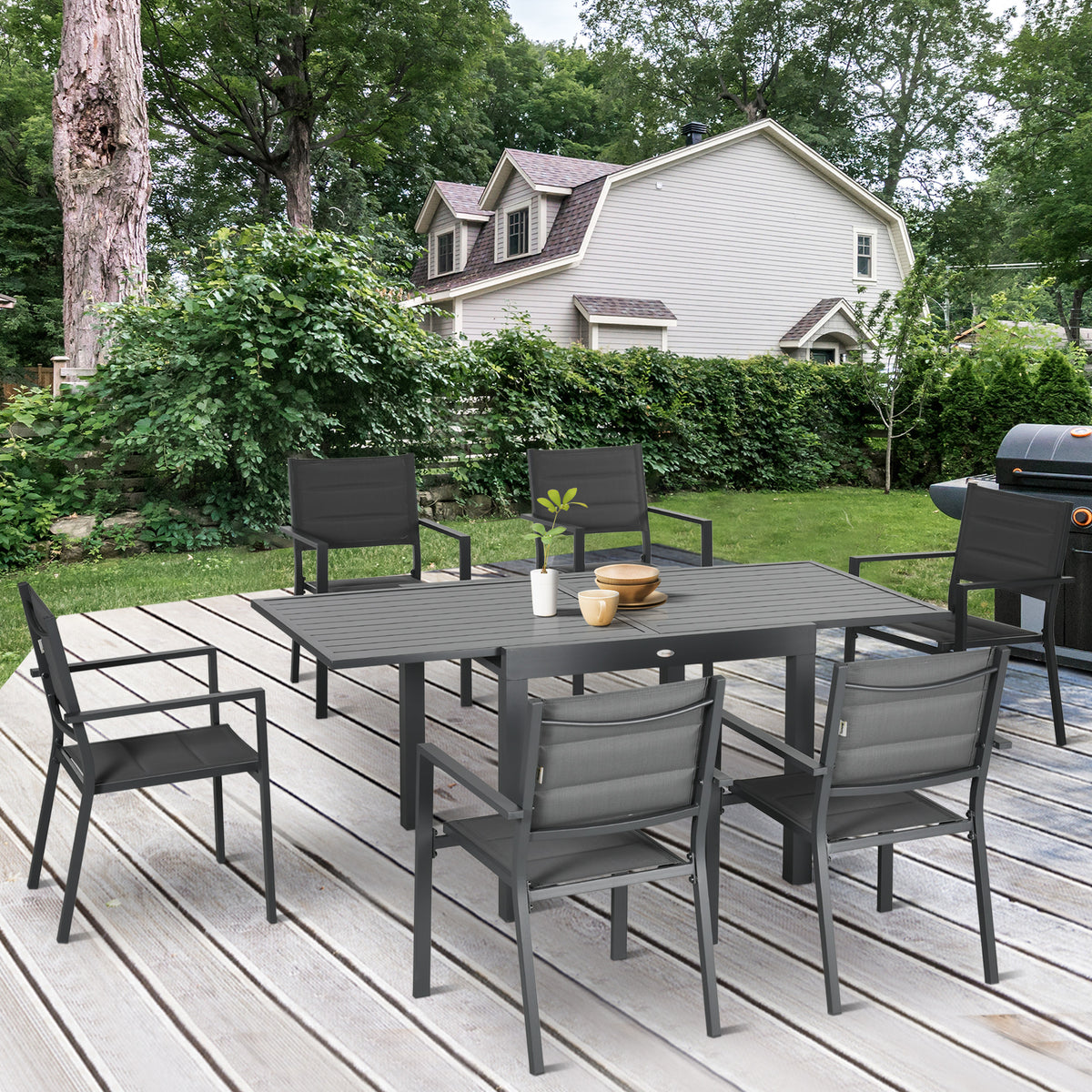 Patio Dining Set for 6, Aluminum Expandable Outdoor Table and 6 Stackable Chairs with Padded Back, Mesh Seat – Dark Grey