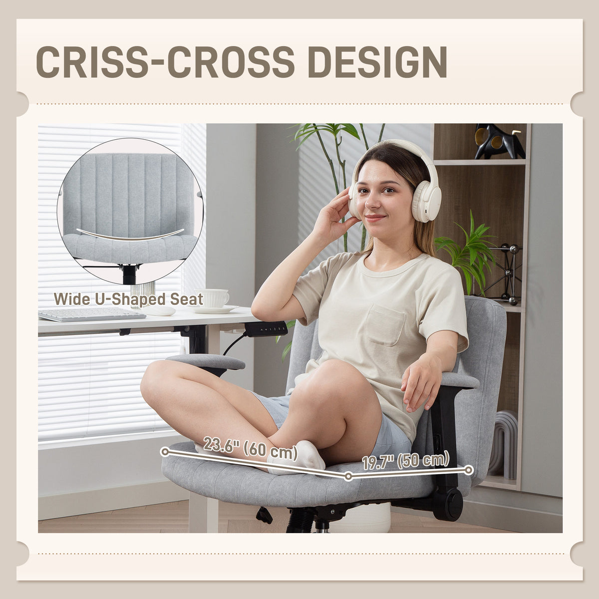 Criss Cross Chair with Flip-up Armrests, Wheels, Grey