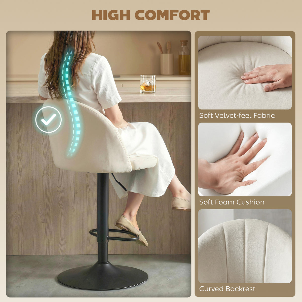 Velvet Swivel Counter Height Bar Stools with Footrest, Set of 2