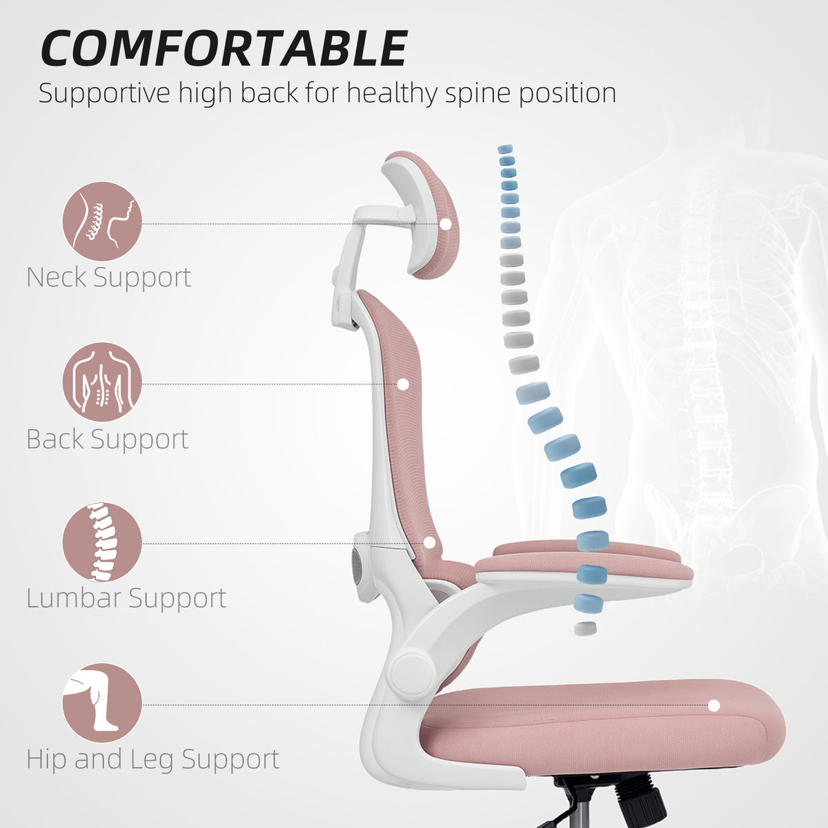 Ergonomic Mesh Office Chair, High Back Desk Chair with Rotatable Headrest, Pink