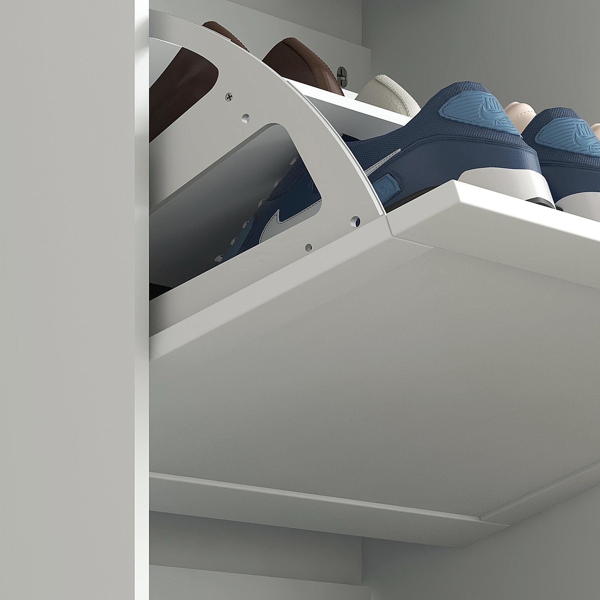 Sleek White Shoe Cabinet, 3 Flip Drawers, Adjustable Shelves, Holds 18 Pairs