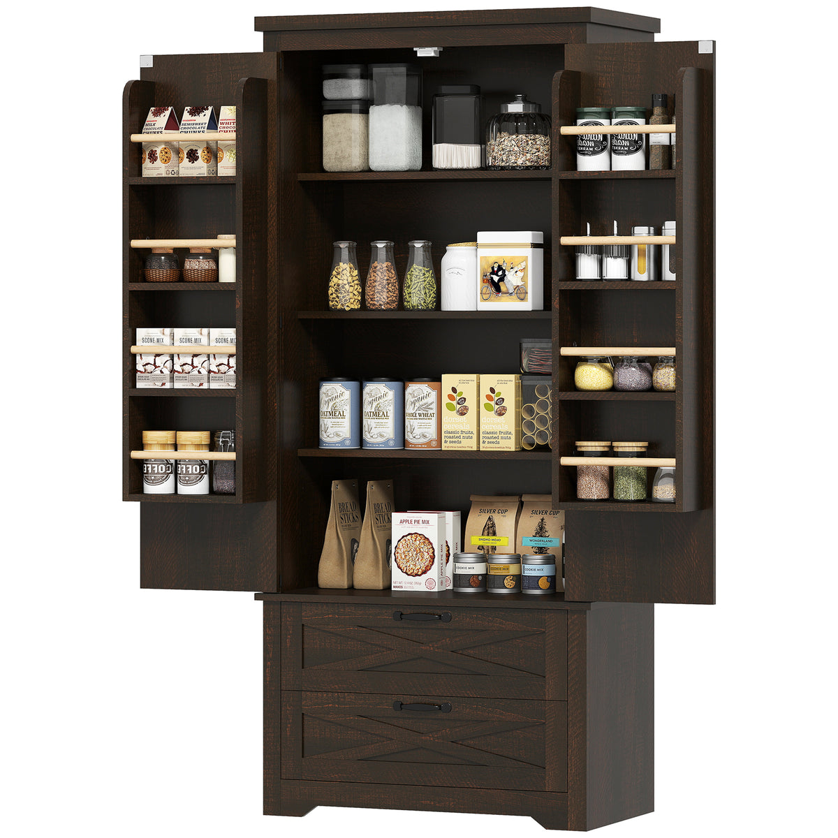 Freestanding Kitchen Pantry Cabinet with Drawers – 29"W x 64"H