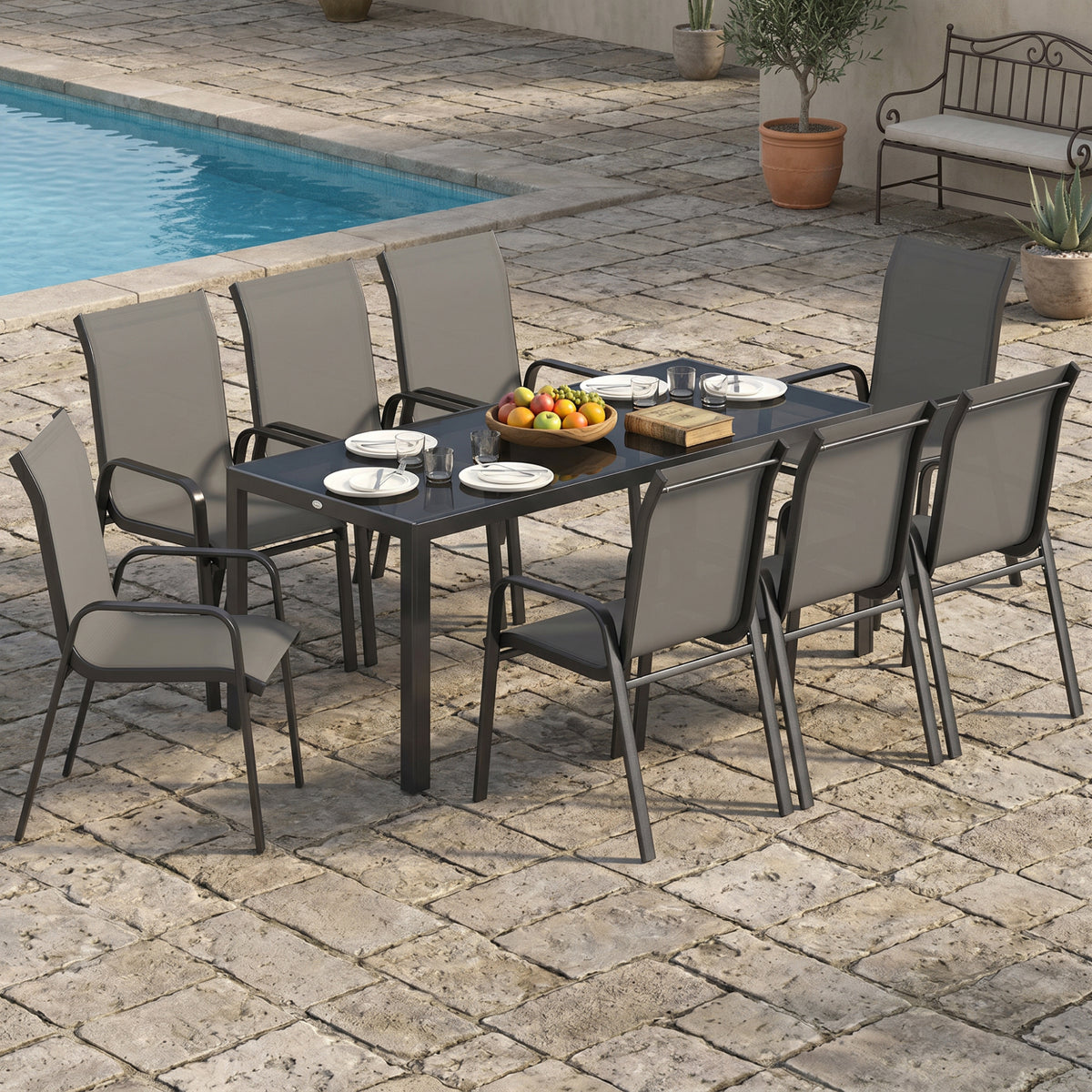 Outdoor Dining Sets for 8 with Stackable Chairs, Patio Dining Set with Glass Top Table for Garden, Patio, Backyard – Dark Grey